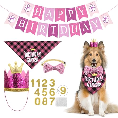 Qpets Dog Birthday Party Set, Paw-print Dog Birthday Banner Dog Birthday Bandanas, Doggie Sequine Bow Ties, Crown Birthday Hat, Golden Number Decorations Birthday Party for Dogs, Pink Qpets Dog Birthday Party Set, Paw-print Dog Birthday Banner Dog Birthday Bandanas, Doggie Sequine Bow Ties, Crown Birthday Hat, Golden Number Decorations Birthday Party for Dogs, Pink